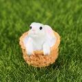Miniature white bunny in a brown woven basket figurine for succulent plant decoration - Rabbit In Basket (No.7)