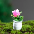 Miniatuur poppenhuisplant met roze bloem en groene bladeren in een witte ronde pot - Roze