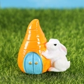 Miniature white rabbit with carrot house resin figurine for succulent garden decor - Rabbit Leaning On Carrot House (No.9)