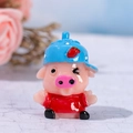 Cute resin pig figurine with blue strawberry cap and red shirt for micro landscapes - Wink Face / Blue (Blue Hat Pig)