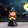 Miniature resin Halloween witch figurine with orange hair holding a small pumpkin - Magic Girl
