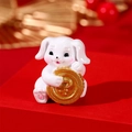Miniature white resin rabbit holding a golden coin for wealth and prosperity - Rabbit Holding Gold Coin