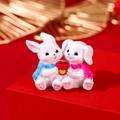 Miniature white resin rabbits holding a red bucket with heart for home decor - Scarf Rabbit Couple Holding Heart