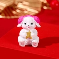 Mini resin white bunny figurine holding a gold glitter star on red display stand - Pink Earmuffs Rabbit Holding Star