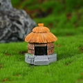 Miniature thatched hut garden ornament with orange roof and wooden texture finish - Style 3 (Round Stone Base Hut)