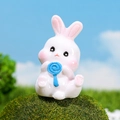 Miniature resin white rabbit ornament holding a blue lollipop for garden micro landscapes - Rabbit with Lollipop