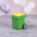 Miniature dollhouse trash can in bright green and yellow plastic with tiny grey wheels - Trash Can Style (D款)
