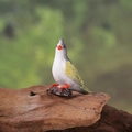 Miniature gray parrot figurine with yellow wing accents on a natural wood stand - Coffee
