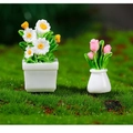 Miniature dollhouse resin white planter with tiny daisies and pink tulips figurines - Daisy And Tulip