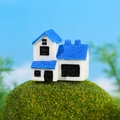 Miniature blue roof house figurine for garden landscaping and micro moss decoration - Blue Roof Modular House (Style E)