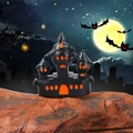 Halloween-Schlossfigur in Schwarz mit orangefarbenen Fenstern auf Holzsockel mit Fledermäusen - Einzelnes Geisterhaus Stil (Stil C)