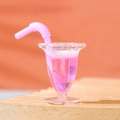 Miniature dollhouse pink juice cup with curly straw and high-transparency resin detail - Pink
