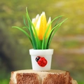 Miniatur künstliche gelbe Tulpe im Topf mit Marienkäfer auf einem weißen runden Topf - Gelbe Blume Weißer Topf (Stil B)