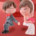 Miniature wedding couple figurines with groom in grey suit and bride in white gown - Couple Set Without Bench