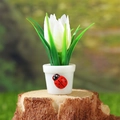 Mini pianta artificiale di tulipano bianco con coccinella su base di legno - Fiore Bianco Vaso Bianco (Stile G)