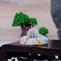 Miniature Chinese landscape ornament with green pine trees and an orange bridge on wood - Style A