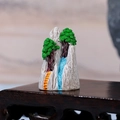 Miniature Zen rockery landscape with green pine trees and blue waterfall resin ornament - Style D