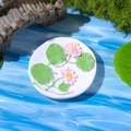 3D resin lotus flower fridge magnet with pink blossom and green leaves on white disc - Style D