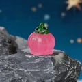 Handmade translucent pink pumpkin miniature garden decoration with green stem and metal ring - Glow Rose Red Lantern