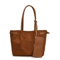 Sac cabas marron en daim avec lanières en similicuir et petite pochette assortie - Fauve