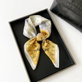 Elegant yellow and white satin square scarf with vintage blue floral chain patterns - Yellow
