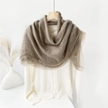 Detailed close-up of light brown cotton linen shawl with delicate lace edges - 100*100cm / Khaki