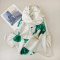 Silk-textured long scarf with dark green tropical leaf pattern on cream base - 185*80cm / White