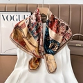 Close-up of premium square scarf with paisley and vintage collage patterns on white dress - Color 21