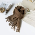 Solid dark brown Australian wool scarf with fringe detail on a soft white knit top - 180*30cm / Brown