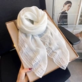 Elegant white cotton linen scarf with wide lace border and soft breathable texture - 100*100cm / White