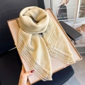 Elegant light yellow scarf with intricate white lace border and embroidered details - 100*100cm / Beige
