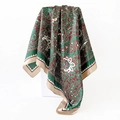 Dark green paisley silk scarf with champagne border hanging on white display stand - 90x90cm / Green
