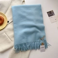 Écharpe bleu clair en cachemire synthétique avec franges sur un manteau beige - Bleu lac