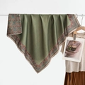 Dark green silk square scarf with vintage paisley border design and smooth velvet finish - Vintage Framed Green