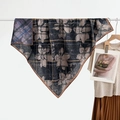 Blue herringbone silk scarf with vintage paisley flowers and brown stitching - Plaid Black Floral