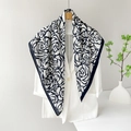 Elegant 90cm satin square scarf featuring large black rose print on white silk base - 90x90cm / Blue