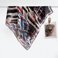 Elegant 90cm square silk scarf featuring abstract geometric patchwork in red and blue - Color 17