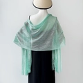 Elegant mint green metallic shawl with hollow mesh design and fringe tassel trim - Cyan