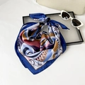 Navy blue faux silk square scarf featuring geometric patterns and satin finish - 65x65cm / Blue