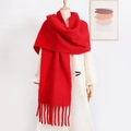 Detailed macro view of the fluffy mohair texture and long fringe on the bright red scarf - Red
