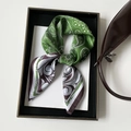 Detail of silk-like paisley square scarf with green and purple color block knot - 70cmx70cm / Green