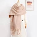 Close-up detail of soft pink knit scarf with long fringe trim on a mannequin - Lotus Pink