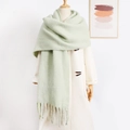 Detail showing the plush mohair texture and mint green fringe of the oversized scarf - Light Green