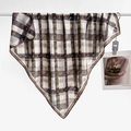 Vintage plaid square silk scarf in beige and brown tones draped over a white bar - Color 11