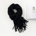 Detailed close-up of a black knitted scarf featuring elegant fringe tassels and soft texture - 74.8*27.5inch / Black