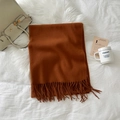 Detail of caramel cashmere-feel scarf featuring soft fringe trim and thick knitted texture - Brown