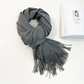 Detail of dark grey cashmere-like scarf showing soft knit texture and fringe tassels - 74.8*27.5inch / Heather Grey