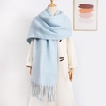 Detail view of a thick light blue mohair scarf with tassels on a white coat mannequin - Light Blue Zircon
