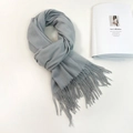 Detail of light gray blue scarf showing soft texture and fine fringe tassels on white background - 74.8*27.5inch / Light Gray