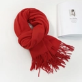 Detailed texture of thick red knit scarf featuring soft fringe tassels on white background - 74.8*27.5inch / Red